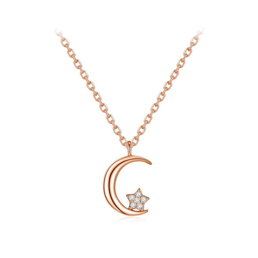 925 Sterling Silver Plated Rose Gold Simple Temperament Moon Star Pendant with Cubic Zirconia and Necklace