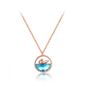 925 Sterling Silver Plated Rose Gold Fashion Cute Whale Geometric Round Pendant with Blue Cubic Zirconia and Necklace