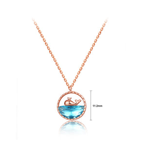 925 Sterling Silver Plated Rose Gold Fashion Cute Whale Geometric Round Pendant with Blue Cubic Zirconia and Necklace