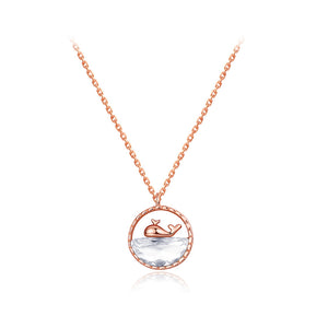 925 Sterling Silver Plated Rose Gold Fashion Cute Whale Geometric Round Pendant with White Cubic Zirconia and Necklace