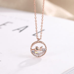 925 Sterling Silver Plated Rose Gold Fashion Cute Whale Geometric Round Pendant with White Cubic Zirconia and Necklace