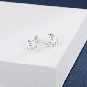 925 Sterling Silver Simple Fashion Moon Star Asymmetrical Stud Earrings with Cubic Zirconia