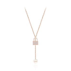 925 Sterling Silver Plated Rose Gold Fashion Simple Lock Tassel Pendant with Cubic Zirconia and Necklace