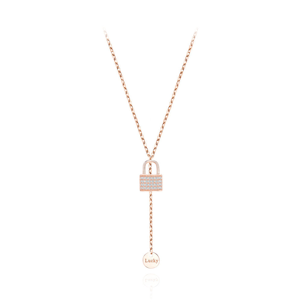 925 Sterling Silver Plated Rose Gold Fashion Simple Lock Tassel Pendant with Cubic Zirconia and Necklace