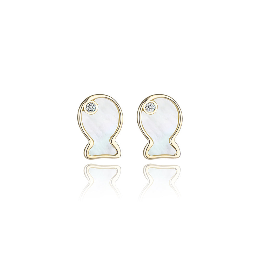 925 Sterling Silver Plated Gold Simple Cute Style Doll Shell Stud Earrings with Cubic Zirconia
