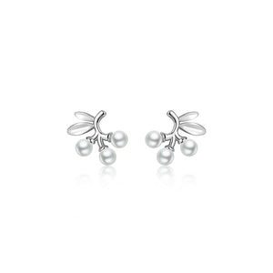 925 Sterling Silver Simple and Elegant Leaf Imitation Pearl Stud Earrings