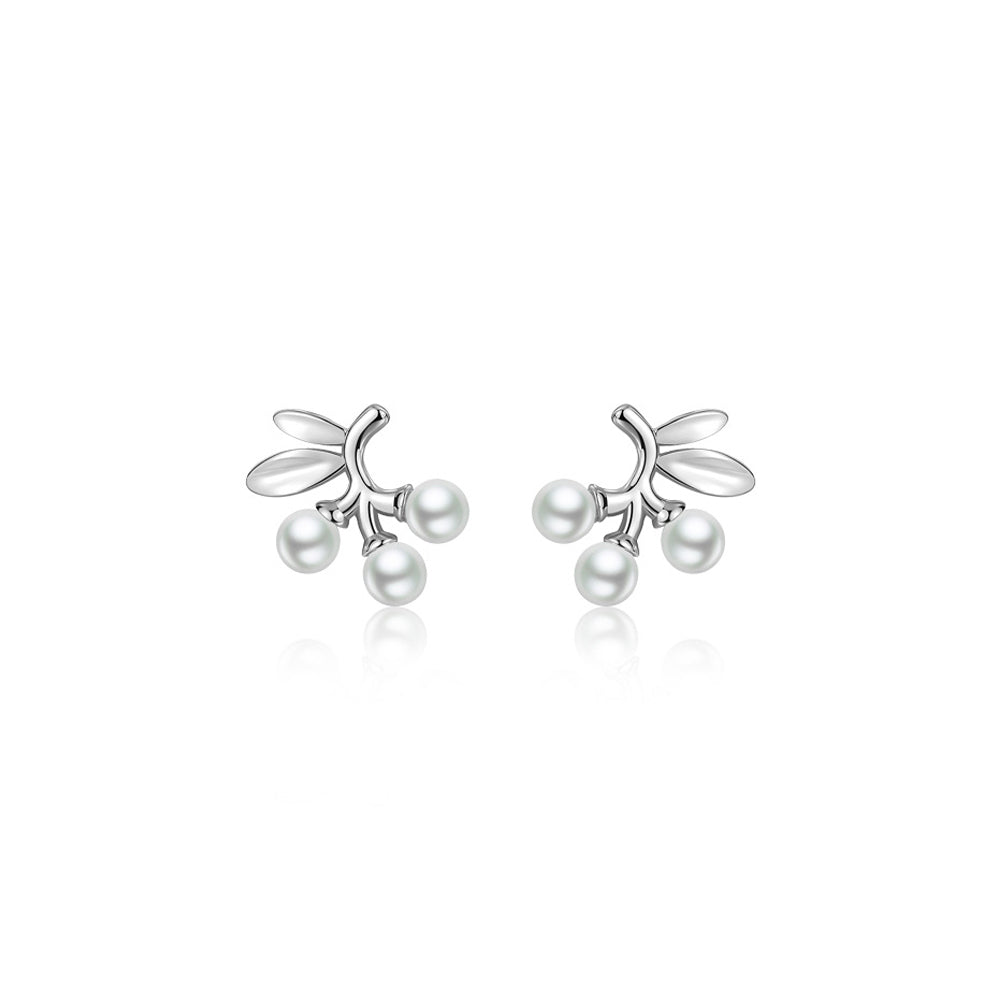 925 Sterling Silver Simple and Elegant Leaf Imitation Pearl Stud Earrings