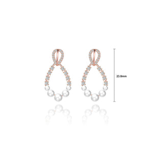 925 Sterling Silver Plated Rose Gold Simple Temperament Water Drop-shaped Imitation Pearl Stud Earrings with Cubic Zirconia