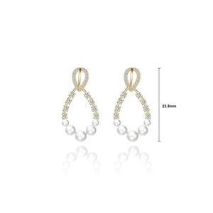 925 Sterling Silver Plated Gold Simple Temperament Water Drop-shaped Imitation Pearl Stud Earrings with Cubic Zirconia