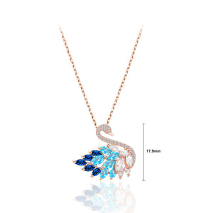 925 Sterling Silver Plated Rose Gold Elegant Fashion Swan Pendant with Blue Cubic Zirconia and Necklace
