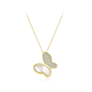 925 Sterling Silver Plated Gold Simple and Elegant Butterfly Shell Pendant with Cubic Zirconia and Necklace