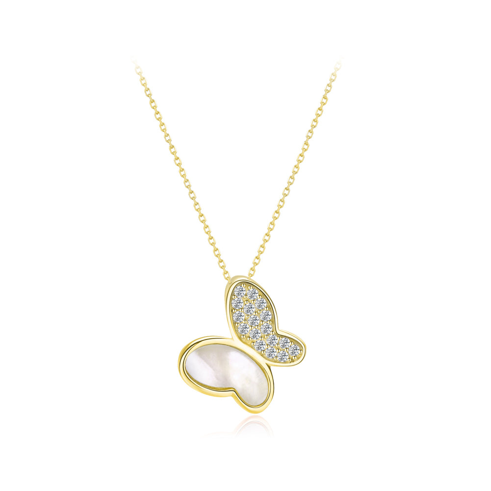 925 Sterling Silver Plated Gold Simple and Elegant Butterfly Shell Pendant with Cubic Zirconia and Necklace
