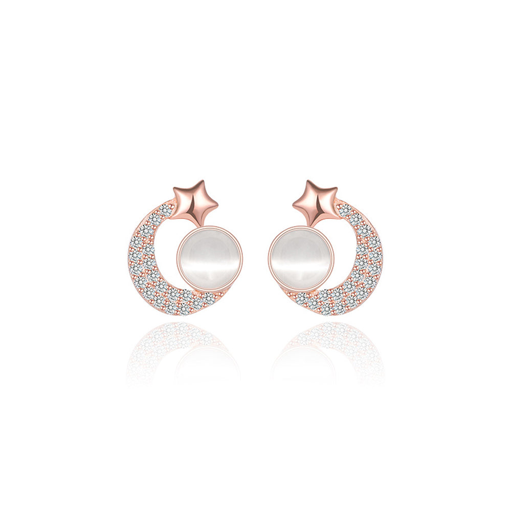 925 Sterling Silver Plated Rose Gold Simple Fashion Moon Star Shell Stud Earrings with Cubic Zirconia