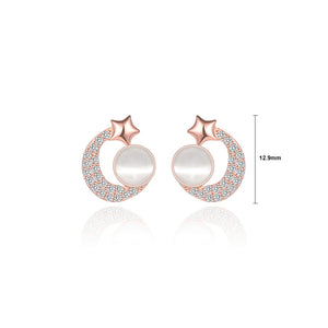 925 Sterling Silver Plated Rose Gold Simple Fashion Moon Star Shell Stud Earrings with Cubic Zirconia