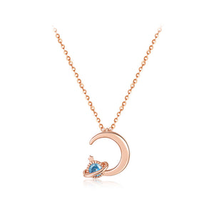 925 Sterling Silver Plated Rose Gold Fashion Simple Moon Planet Pendant with Blue Cubic Zirconia and Necklace