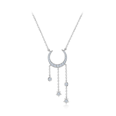 925 Sterling Silver Simple Fashion Moon Star Tassel Pendant with Cubic Zirconia and Necklace