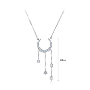 925 Sterling Silver Simple Fashion Moon Star Tassel Pendant with Cubic Zirconia and Necklace