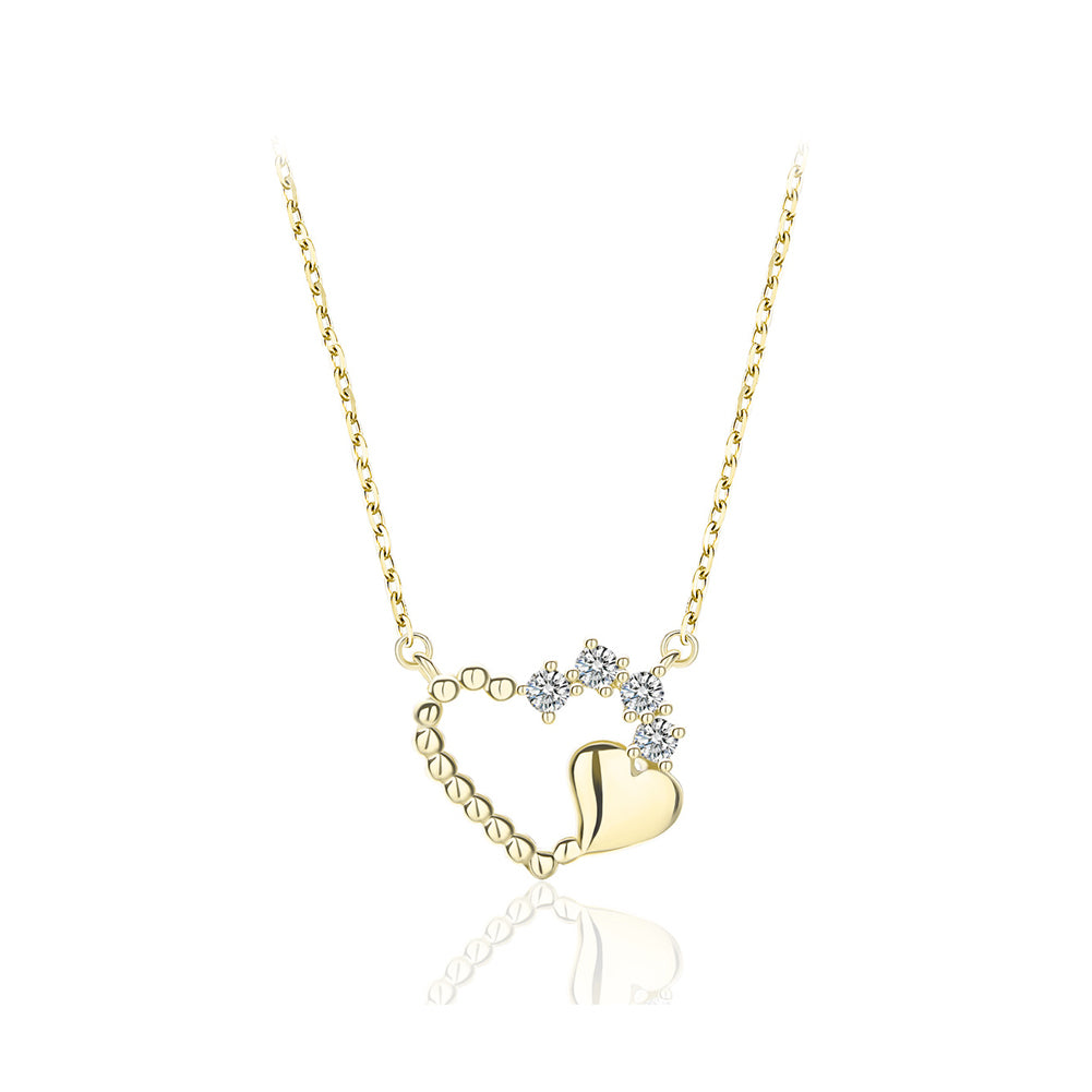 925 Sterling Silver Plated Gold Simple Romantic Hollow Heart Pendant with Cubic Zirconia and Necklace