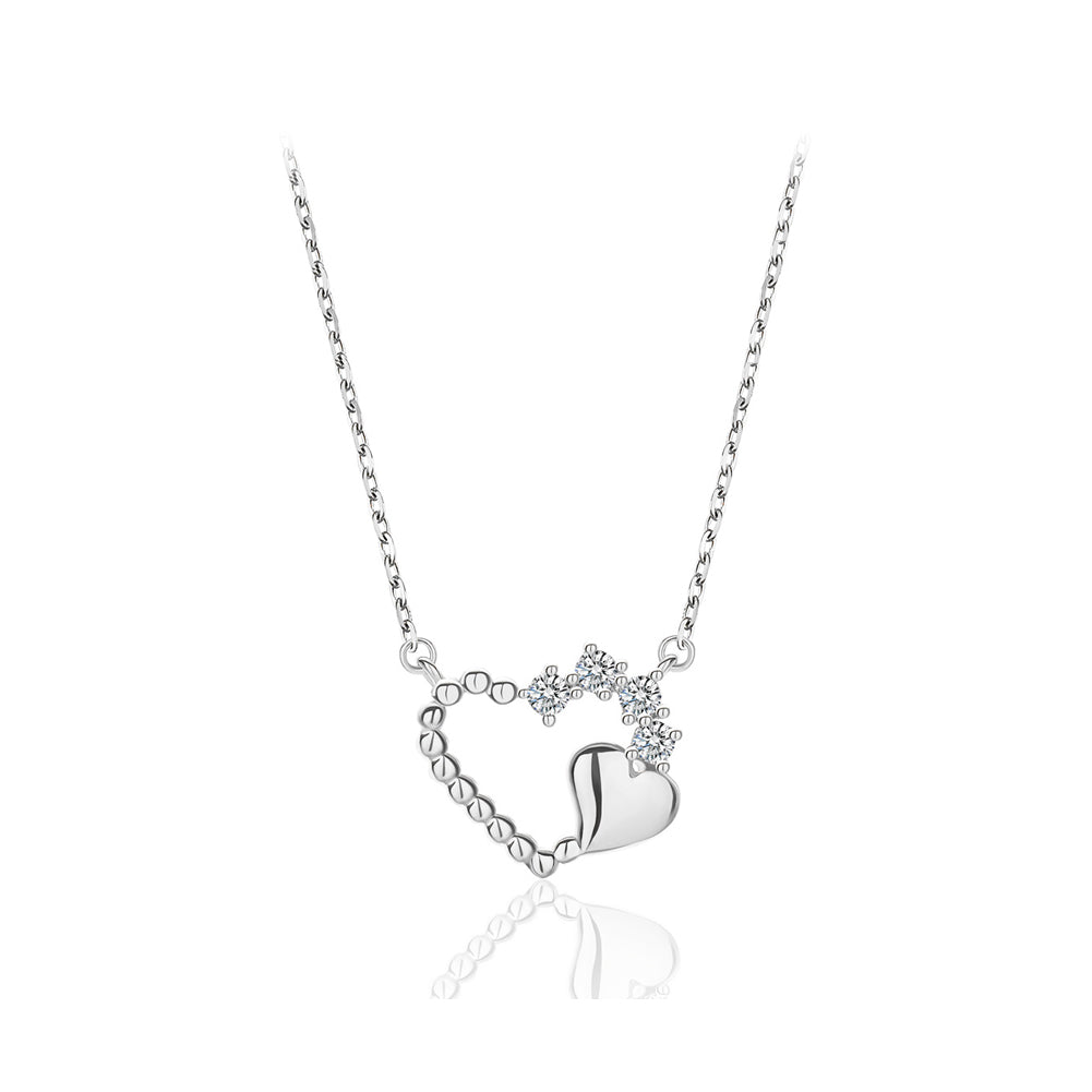 925 Sterling Silver Simple Romantic Hollow Heart Pendant with Cubic Zirconia and Necklace