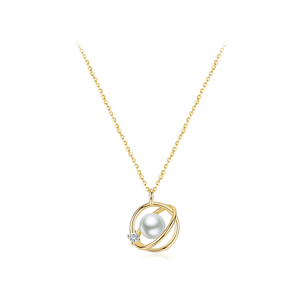 925 Sterling Silver Plated Gold Fashion Creative Star Imitation Pearl Pendant with Cubic Zirconia and Necklace