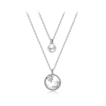 Load image into Gallery viewer, 925 Sterling Silver Fashion Simple Moon Star Shell Geometric Round Imitation Pearl Pendant with Cubic Zirconia and Double Necklace