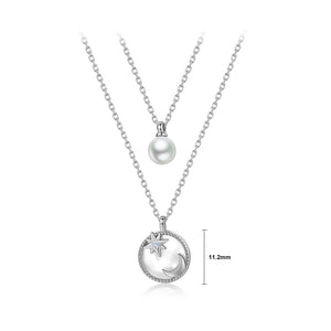 925 Sterling Silver Fashion Simple Moon Star Shell Geometric Round Imitation Pearl Pendant with Cubic Zirconia and Double Necklace