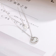Load image into Gallery viewer, 925 Sterling Silver Fashion Simple Moon Star Shell Geometric Round Imitation Pearl Pendant with Cubic Zirconia and Double Necklace