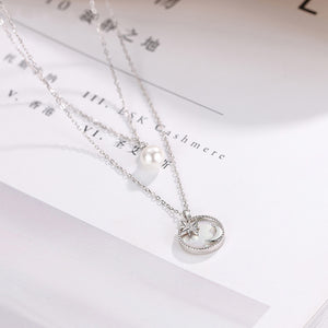 925 Sterling Silver Fashion Simple Moon Star Shell Geometric Round Imitation Pearl Pendant with Cubic Zirconia and Double Necklace