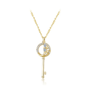 925 Sterling Silver Plated Gold Simple Temperament Key Pendant with Cubic Zirconia and Necklace