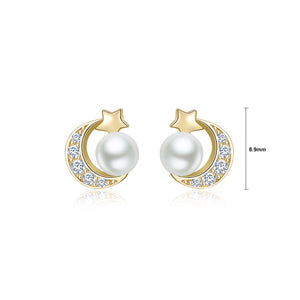 925 Sterling Silver Plated Gold Simple Fashion Moon Star Imitation Pearl Stud Earrings with Cubic Zirconia