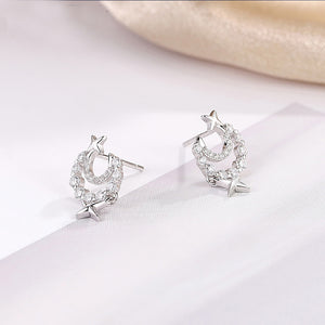 925 Sterling Silver Fashion Temperament Star Moon Stud Earrings with Cubic Zirconia