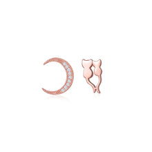 Load image into Gallery viewer, 925 Sterling Silver Plated Rose Gold Simple Creative Cat Moon Asymmetrical Stud Earrings with Cubic Zirconia