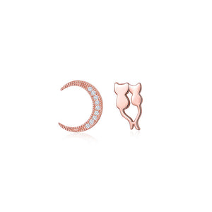 925 Sterling Silver Plated Rose Gold Simple Creative Cat Moon Asymmetrical Stud Earrings with Cubic Zirconia