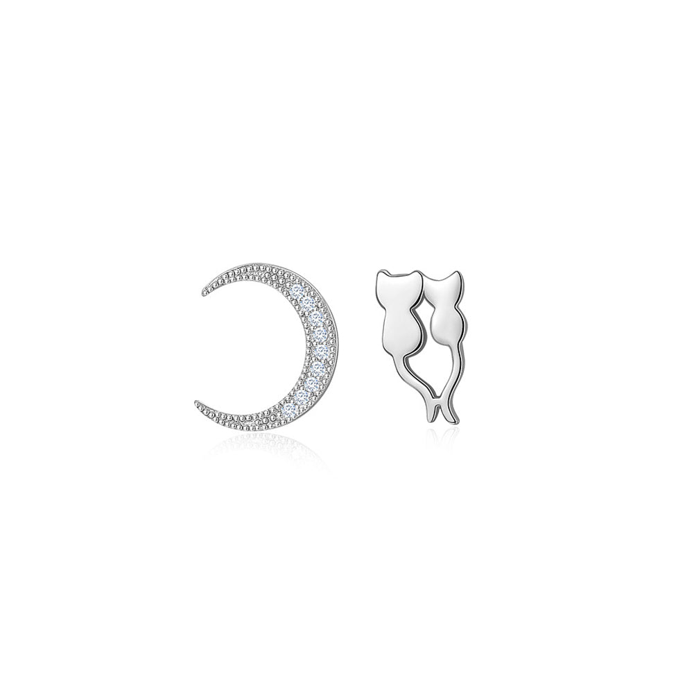 925 Sterling Silver Simple Creative Cat Moon Asymmetrical Stud Earrings with Cubic Zirconia