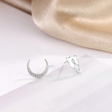 Load image into Gallery viewer, 925 Sterling Silver Simple Creative Cat Moon Asymmetrical Stud Earrings with Cubic Zirconia