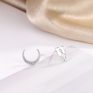 925 Sterling Silver Simple Creative Cat Moon Asymmetrical Stud Earrings with Cubic Zirconia