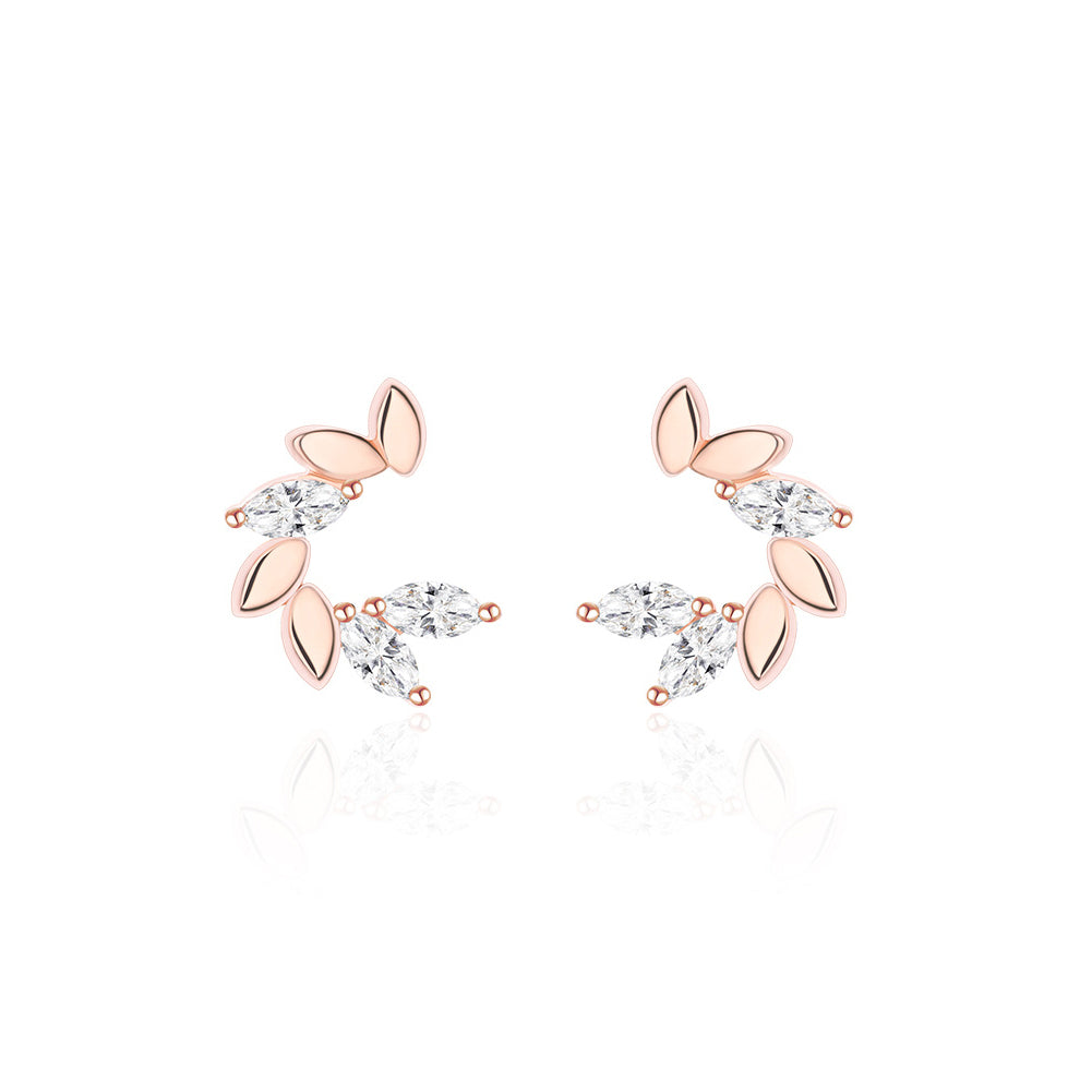 925 Sterling Silver Plated Rose Gold Simple Personality Leaf Stud Earrings with Cubic Zirconia