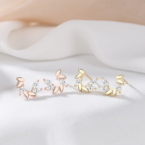 925 Sterling Silver Plated Rose Gold Simple Personality Leaf Stud Earrings with Cubic Zirconia