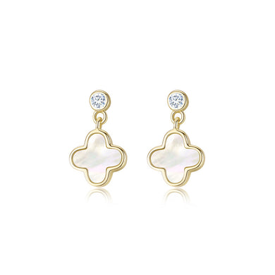 925 Sterling Silver Plated Gold Fashion Simple Four-leafed Clover Shell Stud Earrings with Cubic Zirconia