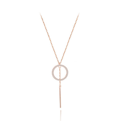 925 Sterling Silver Plated Rose Gold Simple Fashion Geometric Round Tassel Pendant with Cubic Zirconia and Necklace