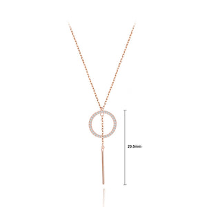 925 Sterling Silver Plated Rose Gold Simple Fashion Geometric Round Tassel Pendant with Cubic Zirconia and Necklace