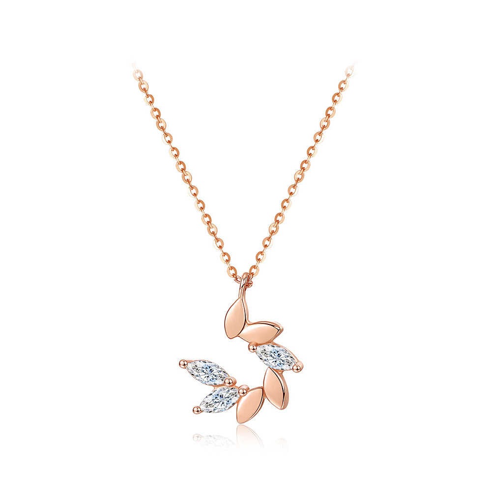 925 Sterling Silver Plated Rose Gold Fashion Simple Leaf Geometric Pendant with Cubic Zirconia and Necklace