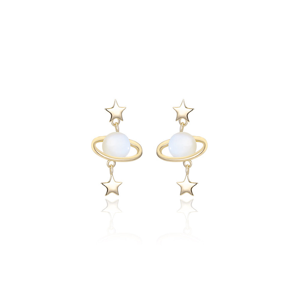 925 Sterling Silver Plated Gold Simple Fashion Star Planet Shell Stud Earrings