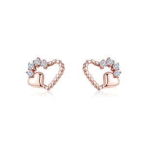 925 Sterling Silver Plated Rose Gold Simple and Fashion Hollow Heart-shaped Stud Earrings with Cubic Zirconia