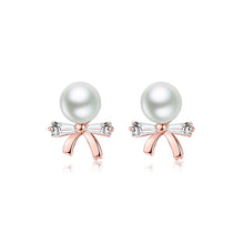 Load image into Gallery viewer, 925 Sterling Silver Plated Rose Gold Fashion Simple Ribbon Imitation Pearl Stud Earrings with Cubic Zirconia