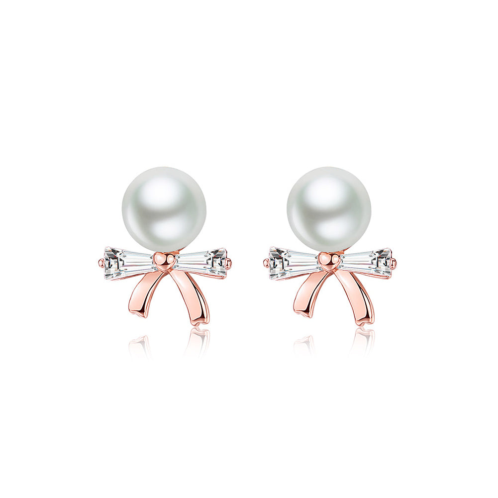 925 Sterling Silver Plated Rose Gold Fashion Simple Ribbon Imitation Pearl Stud Earrings with Cubic Zirconia