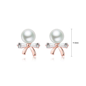 925 Sterling Silver Plated Rose Gold Fashion Simple Ribbon Imitation Pearl Stud Earrings with Cubic Zirconia