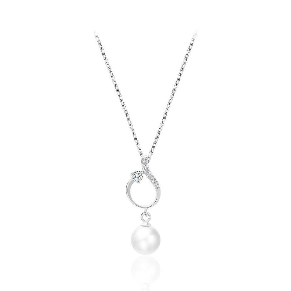 925 Sterling Silver Fashion Simple Hollow Geometric Imitation Pearl Pendant with Cubic Zirconia and Necklace