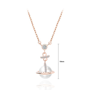 925 Sterling Silver Plated Rose Gold Fashion Creative Planet Imitation Pearl Pendant with Cubic Zirconia and Necklace