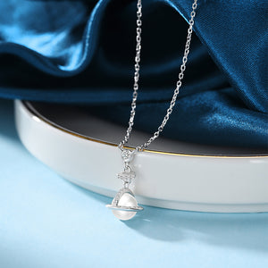 925 Sterling Silver Fashion Creative Planet Imitation Pearl Pendant with Cubic Zirconia and Necklace